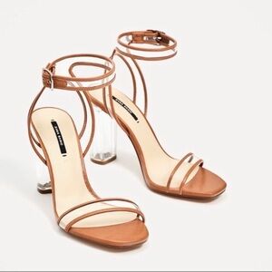 Zara Tan Clear Lucite Heel Sandals Sz: 8/39